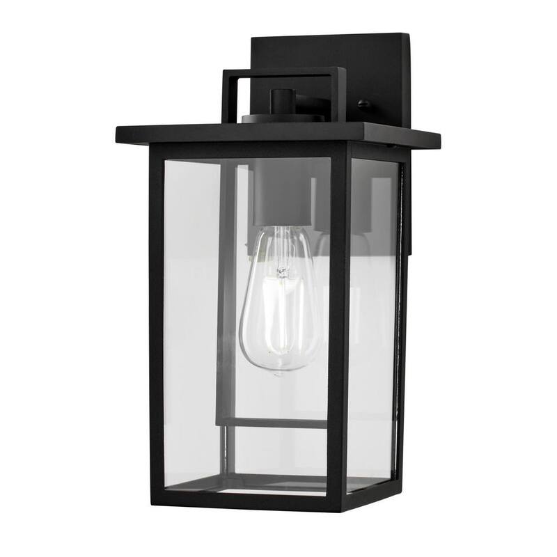 Hampton Bay Keswick 12.5 pulg. Lámpara de pared exterior moderna de 1 luz en negro mate con cableado duro y pantalla de vidrio transparente - DSHD5979B