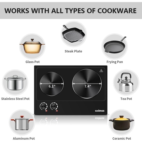 Cusimax Double Hot Plate For Cooking, Stainless Steel Electric Burner, , Black - CMHP-C180B