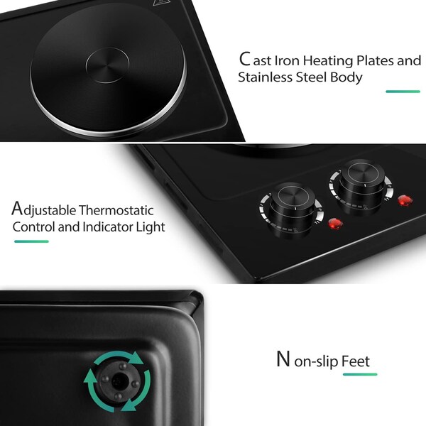 Cusimax Double Hot Plate For Cooking, Stainless Steel Electric Burner, , Black - CMHP-C180B