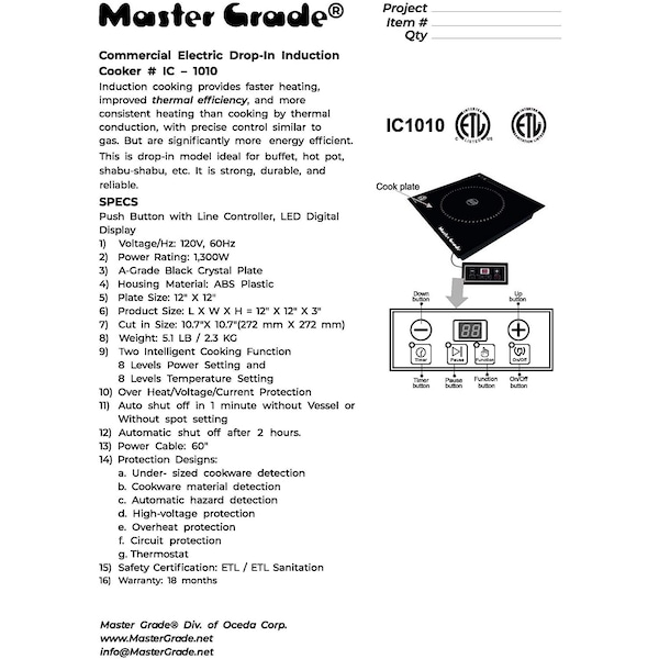 Master Grade Commercial Induction Cooker, 120V 1,300W, Size: 11.9" X 11.9" X 3": NSF - IC-1010