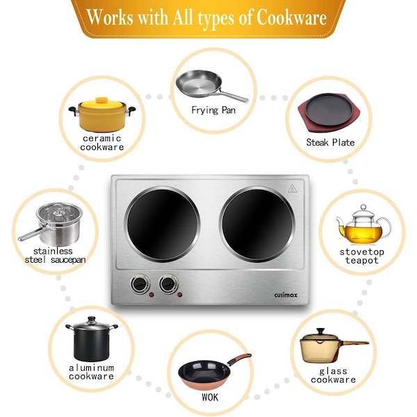 Cusimax Ceramic Double Hot Plate, 1800W Portable Electric Burner, Infrared Countertop Cooktop, Silver - CMIP-C180S