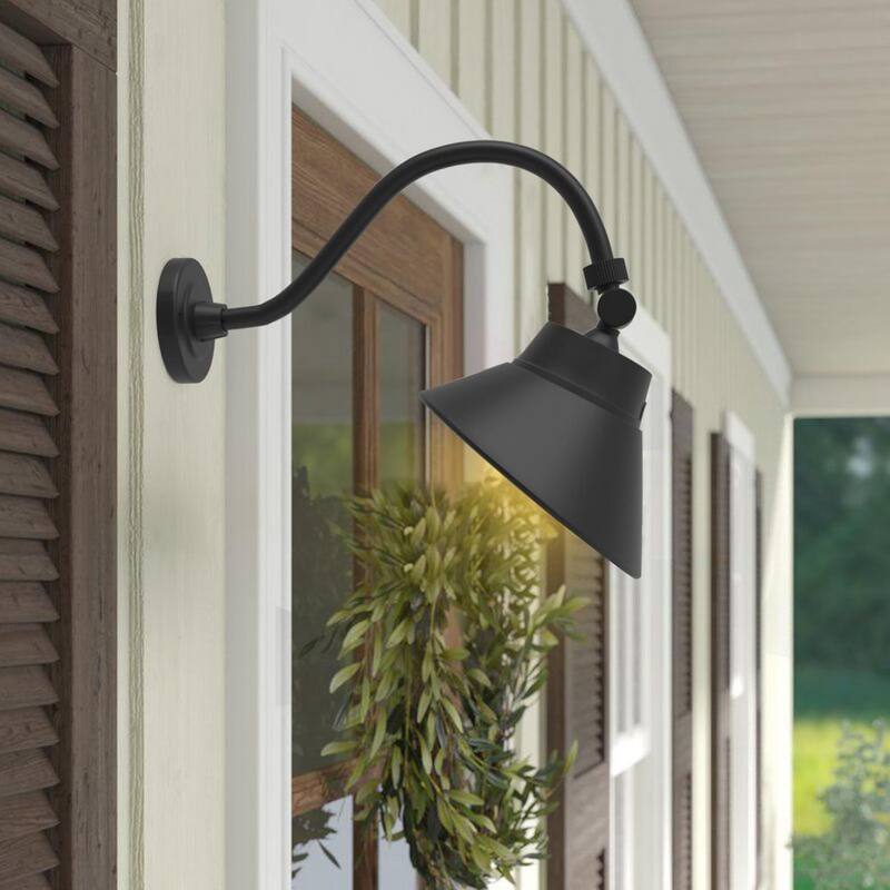 Luz de Granero de Cuello de Ganso con Sombrilla en Ángulo Negra de 10 pulgadas, 42 Watts, 4000 Lúmenes con Fotocelda, Luz de Letrero Exterior - 165001