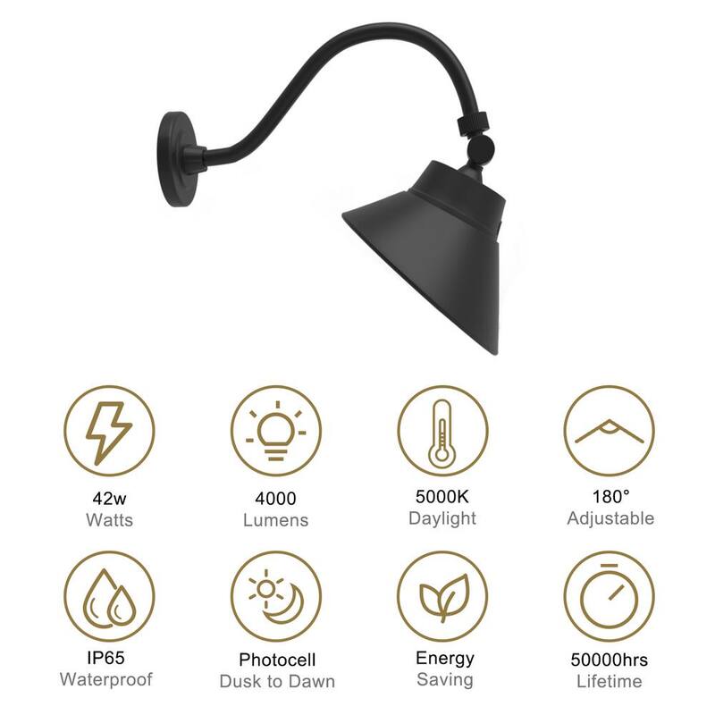 Luz de Granero de Cuello de Ganso con Sombrilla en Ángulo Negra de 10 pulgadas, 42 Watts, 4000 Lúmenes con Fotocelda, Luz de Letrero Exterior - 165001