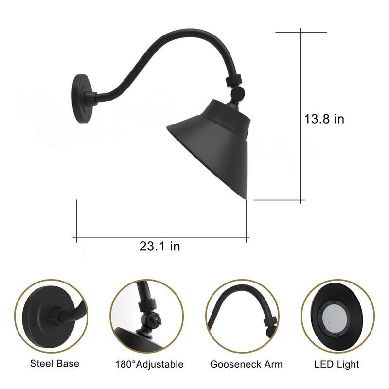Luz de Granero de Cuello de Ganso con Sombrilla en Ángulo Negra de 10 pulgadas, 42 Watts, 4000 Lúmenes con Fotocelda, Luz de Letrero Exterior - 165001