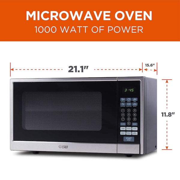 Commercial Chef Countertop Microwave, 1.1 Cubic Feet, Black With Stainless Steel Trim - CHCM11100SSB