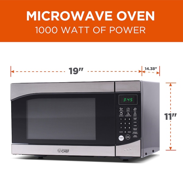 Commercial Chef Countertop Microwave Oven 900 Watt, 0.9 Cubic Feet, Stainless Steel Front, Black Cabinet - CHM009