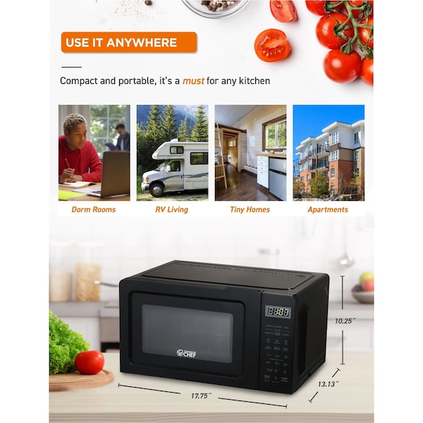 Commercial Chef Countertop Microwave, 0.7 Cubic Feet, Black - CHM770B