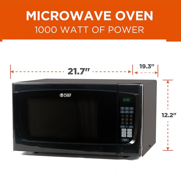 Commercial Chef 1.6 Cu.Ft.Countertop Microwave Oven, 1000 Watts, Small Compact Size, 10 Power Levels, Black - CHM16100B6C