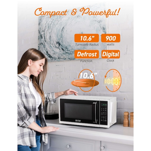 Commercial Chef 0.9 cu ft. Countertop Microwave Oven, White - CHM9MW