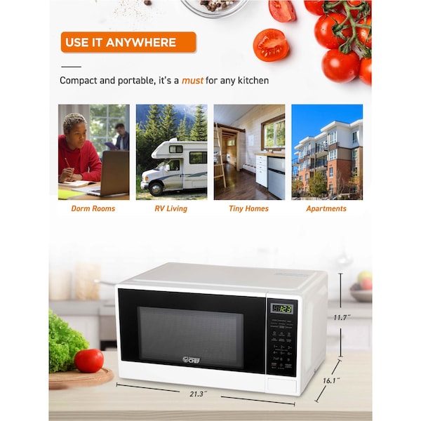 Commercial Chef 1.1 Cu Ft Microwave Oven with 10 Power Levels, White - CHCM11100W