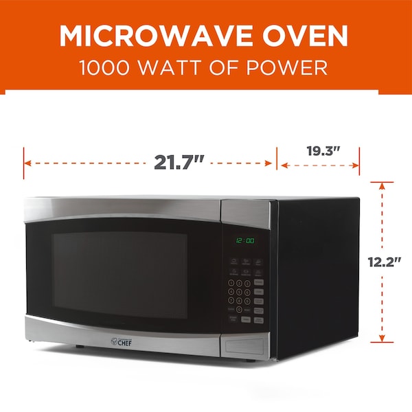 Commercial Chef 1.6 Cu.Ft.Countertop Microwave Oven, 1000 Watts, Small Compact Size, 10 Power Levels, Stainless Steel - CHM16100S6C