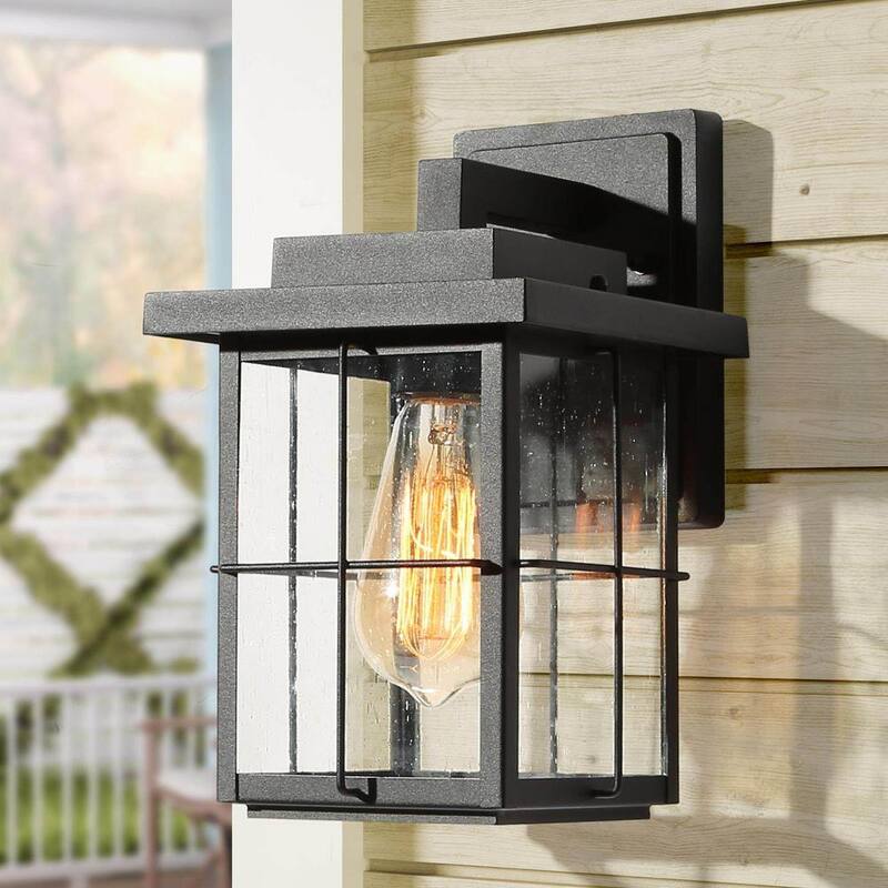 Luz de pared exterior para granja LNC moderna con aplique negro de 1 luz, linterna de pared para exterior del porche con sombra de vidrio transparente con semillas - ZMUM73HD1425427