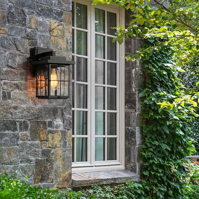 Luz de pared exterior para granja LNC moderna con aplique negro de 1 luz, linterna de pared para exterior del porche con sombra de vidrio transparente con semillas - ZMUM73HD1425427