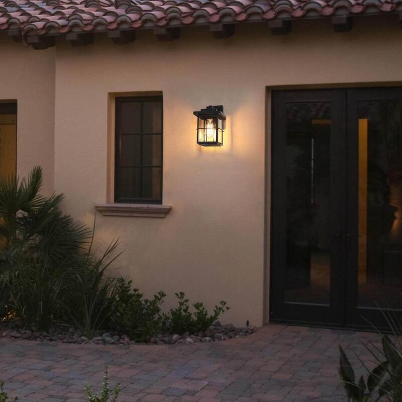 Luz de pared exterior para granja LNC moderna con aplique negro de 1 luz, linterna de pared para exterior del porche con sombra de vidrio transparente con semillas - ZMUM73HD1425427