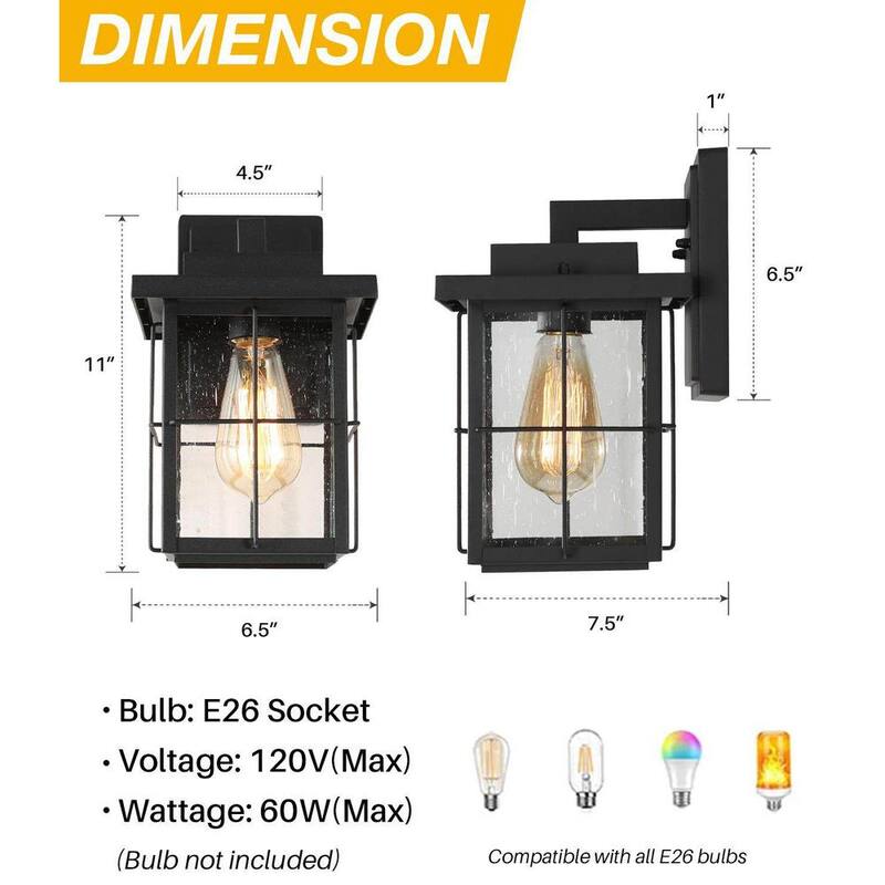 Luz de pared exterior para granja LNC moderna con aplique negro de 1 luz, linterna de pared para exterior del porche con sombra de vidrio transparente con semillas - ZMUM73HD1425427