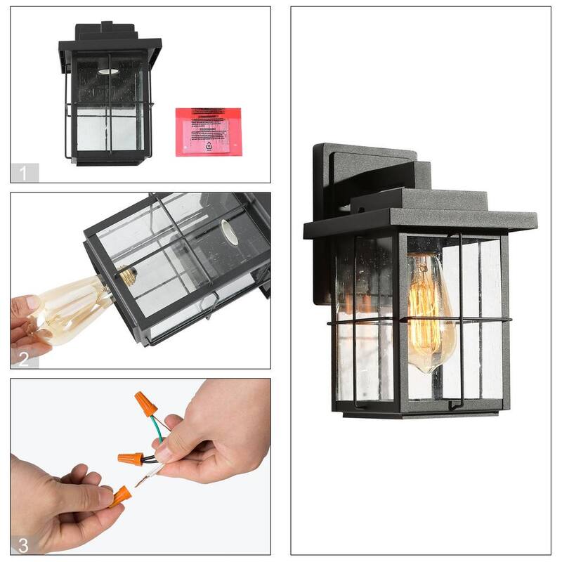 Luz de pared exterior para granja LNC moderna con aplique negro de 1 luz, linterna de pared para exterior del porche con sombra de vidrio transparente con semillas - ZMUM73HD1425427