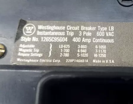 Westinghouse Circuit Breaker 400 Amp 1265C95G04