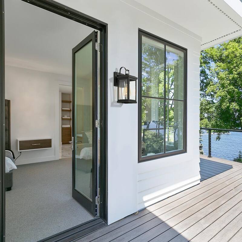 Lámpara de pared exterior de un foco en negro mate moderno LNC con pantalla de vidrio repleto de semillas y un toque clásico de porche. Lámpara de pared para exteriores en patios - E6Z6ZNHD1473848