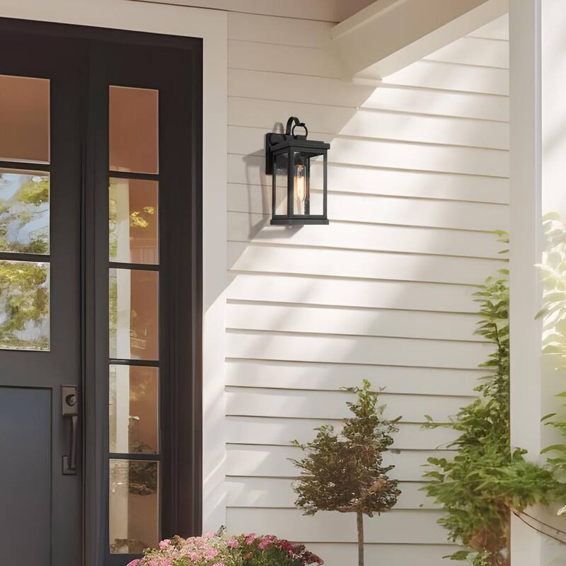 Lámpara de pared exterior de un foco en negro mate moderno LNC con pantalla de vidrio repleto de semillas y un toque clásico de porche. Lámpara de pared para exteriores en patios - E6Z6ZNHD1473848
