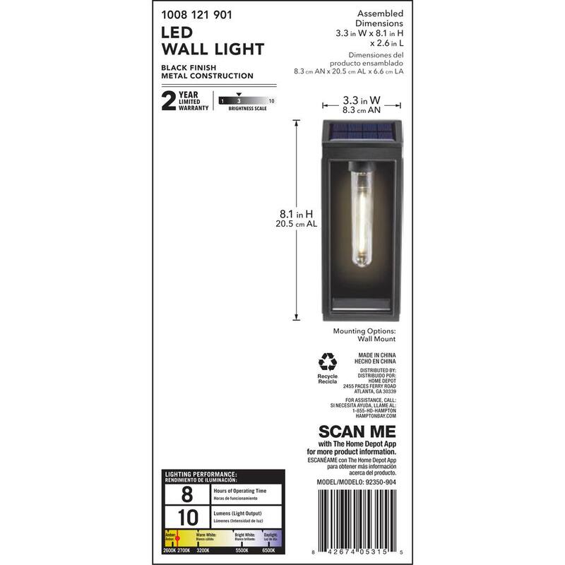 Luz de pared exterior solar LED negra Hampton Bay; 10 lúmenes - 92350-904