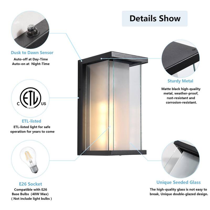 Lámpara de pared de linterna exterior Maxax Montpelier 12.8 pulgadas H 1 luz negra con cableado duro de atardecer a amanecer - 2264/1W