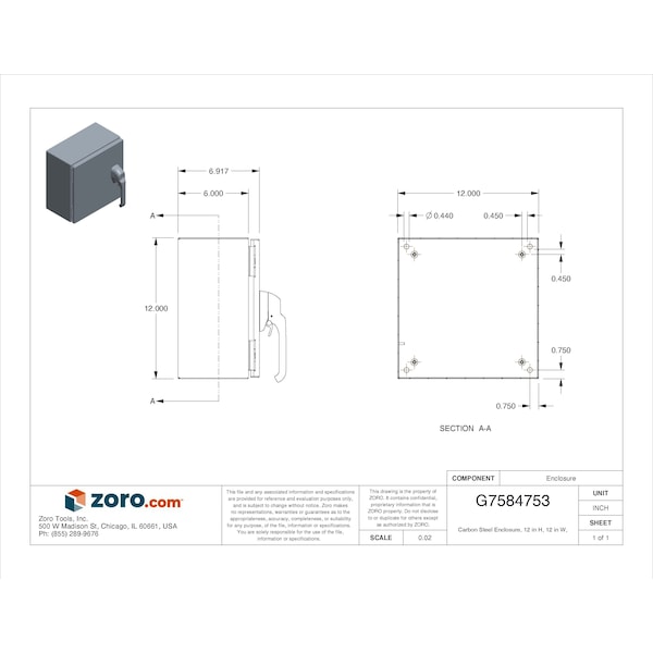 Wiegmann Carbon Steel Electrical Enclosures, 12 in H, 6 in D, 12 in W, NEMA 4, Hinged - N4121212061PTC