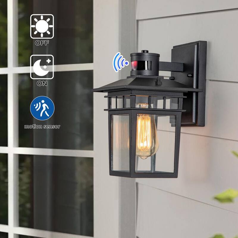 Luz de pared exterior C Cattleya de 1 luz en negro mate con sensor de movimiento de anochecer a amanecer y vidrio templado transparente - CA2284-W