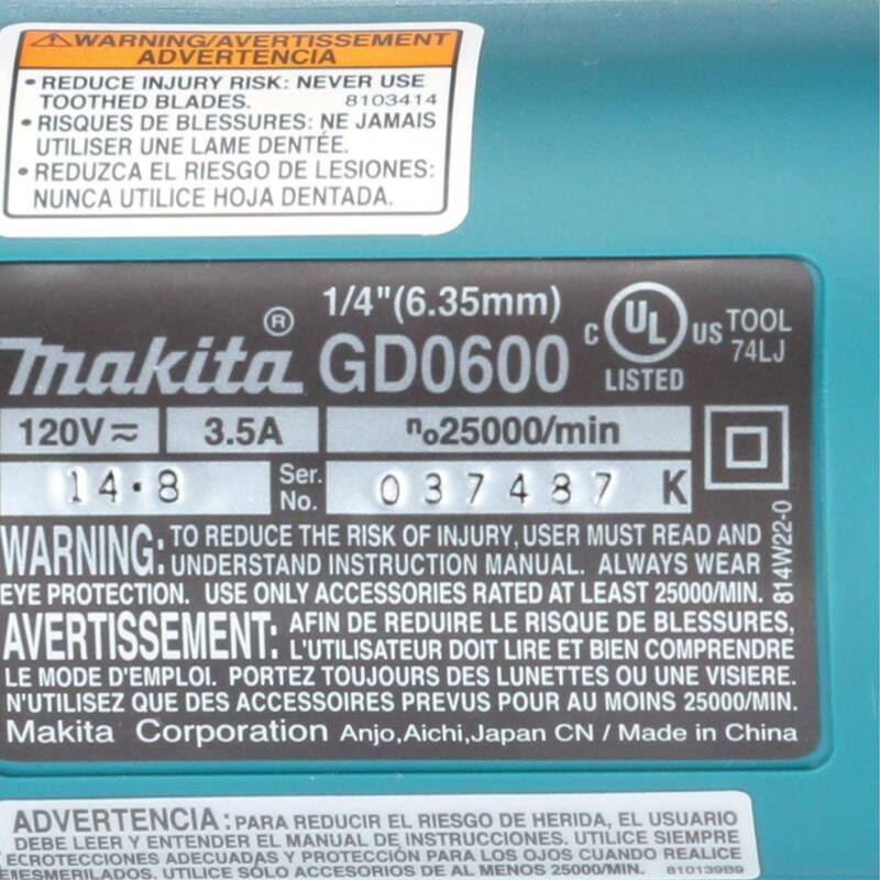 Makita 3.5 Amp 1/4 pulgadas Paddle Switch Die Grinder - GD0600

Makita 3.5 Amperios 1/4 de pulgada Amoladora Recta con Interruptor de Paleta - GD0600
