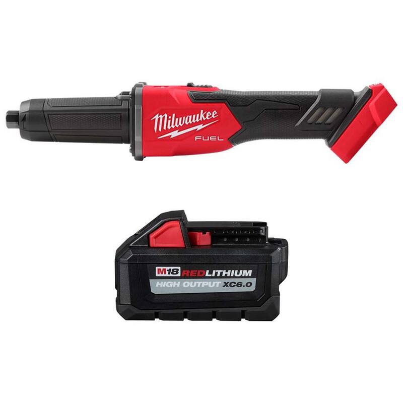 Amoladora de troqueles inalámbrica sin escobillas Milwaukee M18 FUEL de ion de litio de 18V con interruptor deslizante y freno de 1/4 de pulgada y batería de 6.0 Ah - 2939-20-48-11-1865.