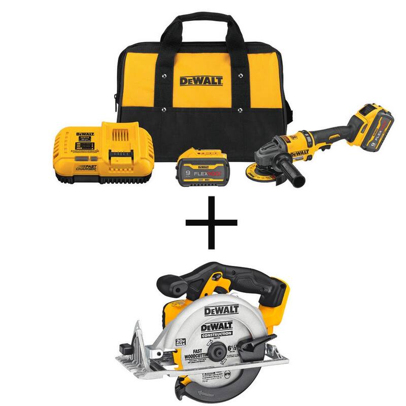 DEWALT FLEXVOLT 60V MAX Amoladora Angular Pequeña sin Escobillas de 4.5 in. - 6 in., Sierra Circular de 6-1/2 in. y (2) Baterías FLEXVOLT 9.0Ah - DCG418X2WDCS391