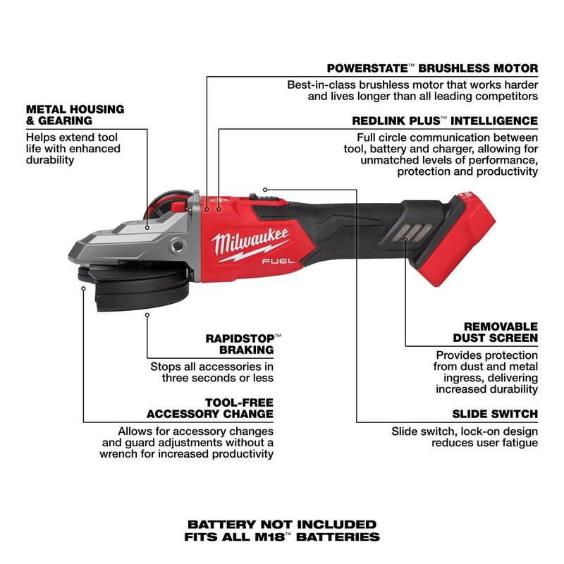 Rectificadora de freno de cabeza plana Milwaukee M18 FUEL de 18V de iones de litio sin escobillas inalámbrica con interruptor deslizante y bloqueo con batería de 6.0 Ah - 2887-20-48-11-1865
