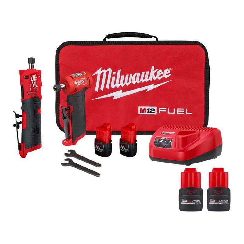 Amoladora angular recta inalámbrica Milwaukee M12 FUEL de 12V de iones de litio de 1/4 in. Kit con amoladora recta de 1/4 in. y baterías de 2.5 Ah - 2485-22-2486-20-48-11-2425-48-11-2425.