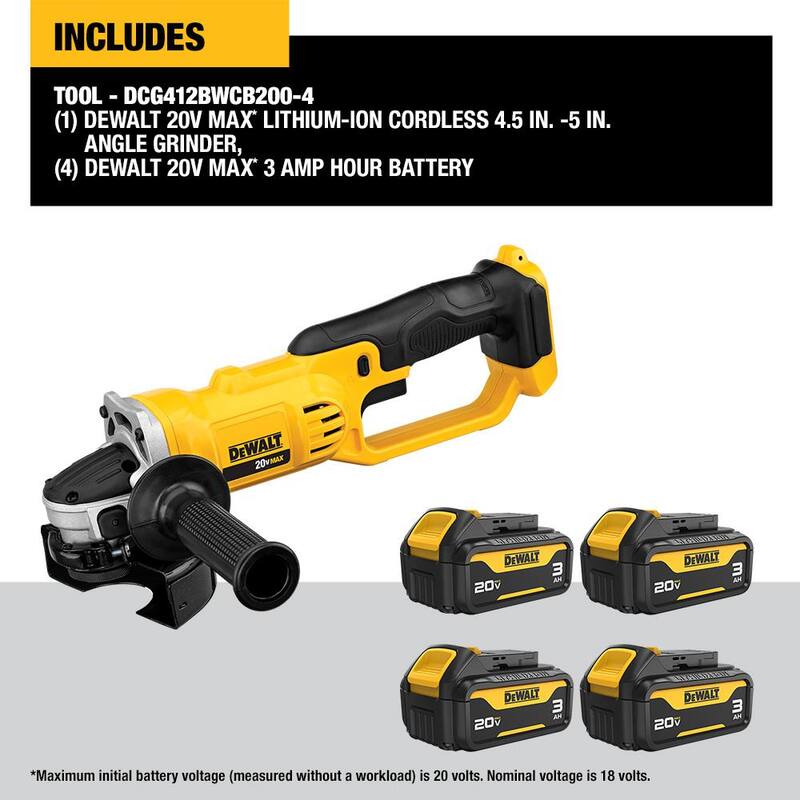 DEWALT 20V MAX Amoladora angular inalámbrica de 4.5 a 5 pulgadas con (4) paquetes de baterías de 20V 3.0 Ah MAX Premium - DCG412BWCB200-4