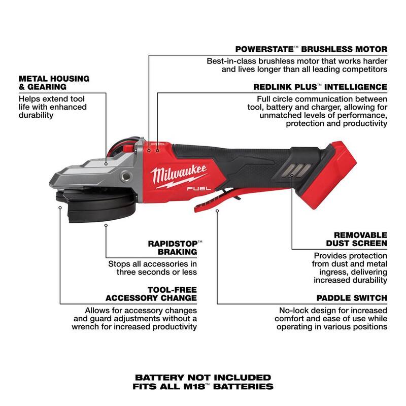 Amoladora Milwaukee M18 FUEL de 18V de iones de litio sin escobillas de 5 pulgadas con freno de cabeza plana y interruptor de paleta sin bloqueo y amoladora sin escobillas - 2886-20-2880-20