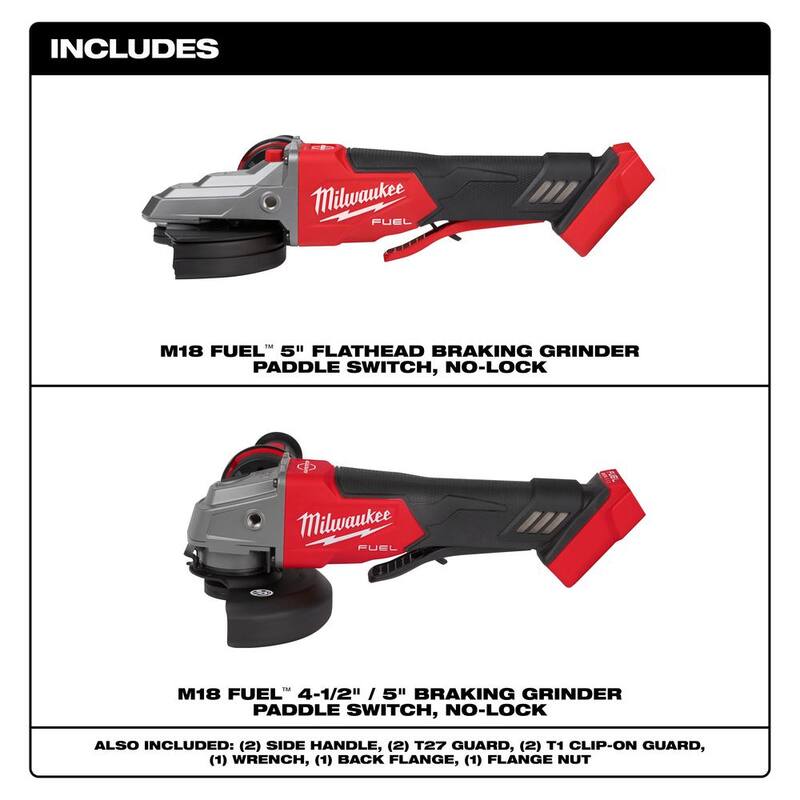 Amoladora Milwaukee M18 FUEL de 18V de iones de litio sin escobillas de 5 pulgadas con freno de cabeza plana y interruptor de paleta sin bloqueo y amoladora sin escobillas - 2886-20-2880-20