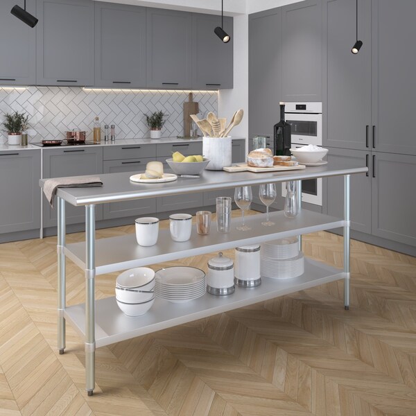 Amgood 24x72 Prep Table with Stainless Steel Top and 2 Shelves - AMG WT-2472-2SH