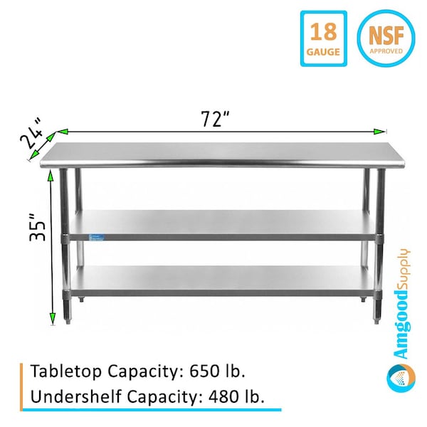 Amgood 24x72 Prep Table with Stainless Steel Top and 2 Shelves - AMG WT-2472-2SH