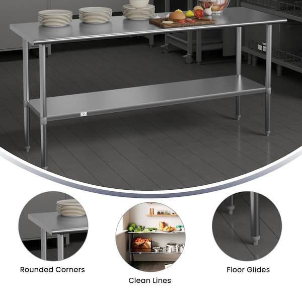 Flash Furniture 72"W Stainless 18 Gauge Work Table - Undershelf - NH-WT-3072-GG