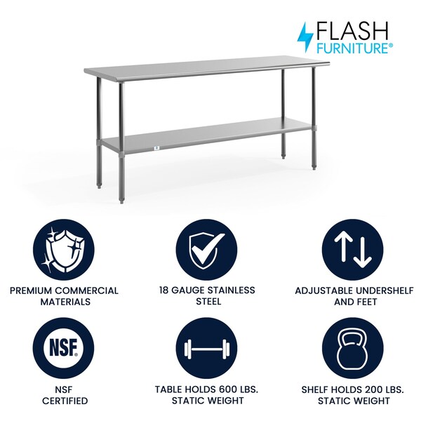 Flash Furniture 72"W Stainless 18 Gauge Work Table - Undershelf - NH-WT-3072-GG