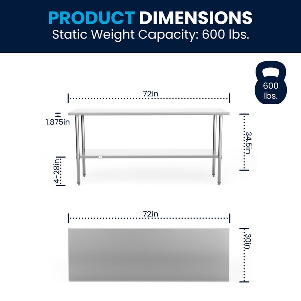 Flash Furniture 72"W Stainless 18 Gauge Work Table - Undershelf - NH-WT-3072-GG