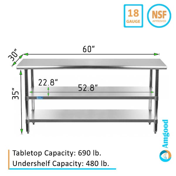Amgood 30x60 Prep Table with Stainless Steel Top and 2 Shelves - AMG WT-3060-2SH