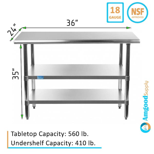 Amgood 24x36 Prep Table with Stainless Steel Top and 2 Shelves - AMG WT-2436-2SH