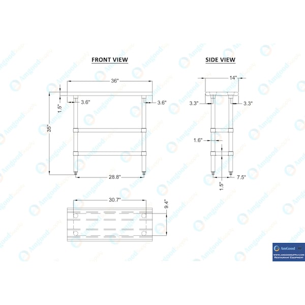 Amgood 14x36 Prep Table with Stainless Steel Top and 2 Shelves - AMG WT-1436-2SH