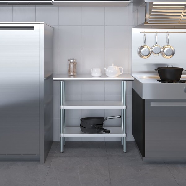 Amgood 14x36 Prep Table with Stainless Steel Top and 2 Shelves - AMG WT-1436-2SH