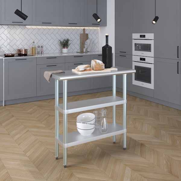 Amgood 14x36 Prep Table with Stainless Steel Top and 2 Shelves - AMG WT-1436-2SH