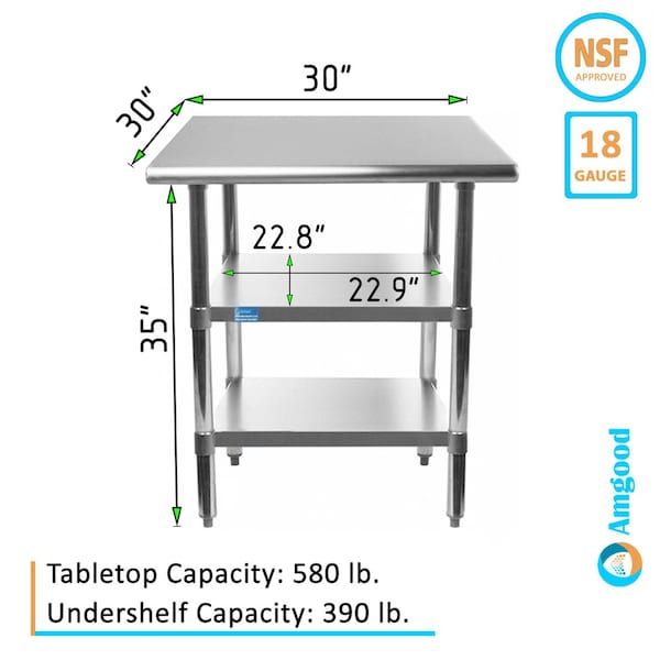 Amgood 30x30 Prep Table with Stainless Steel Top and 2 Shelves - AMG WT-3030-2SH