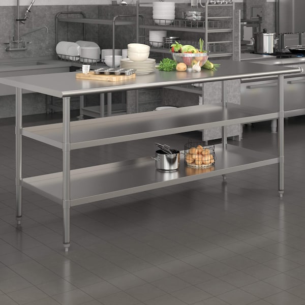 Flash Furniture 72 x 30 Stainless Steel Work Table-2 Undershelves - NH-WT-GU-3072-GG