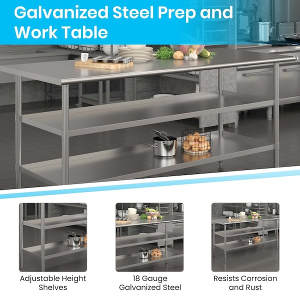 Flash Furniture 72 x 30 Stainless Steel Work Table-2 Undershelves - NH-WT-GU-3072-GG
