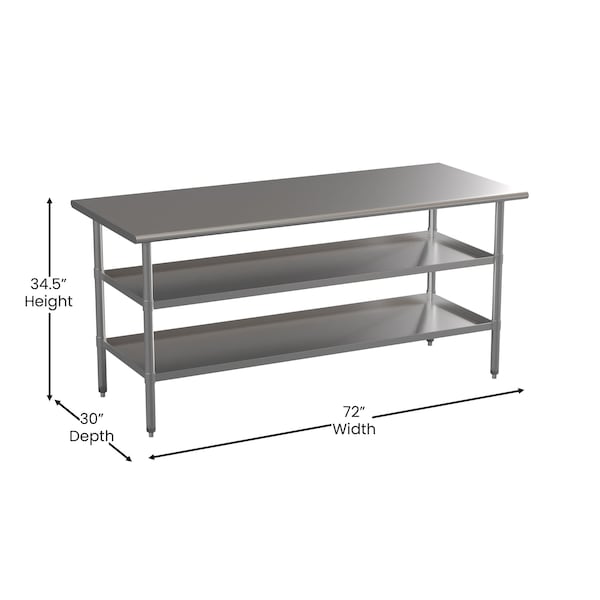 Flash Furniture 72 x 30 Stainless Steel Work Table-2 Undershelves - NH-WT-GU-3072-GG