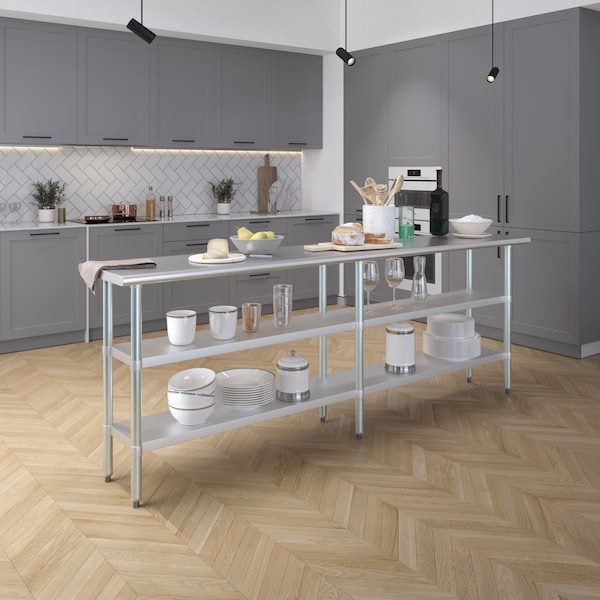 Amgood 18x96 Prep Table with Stainless Steel Top and 2 Shelves - AMG WT-1896-2SH